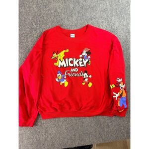 Disney Mickey Friends Mens Sweatshirt XXL Red Graphic Pullover Crewneck Fleece